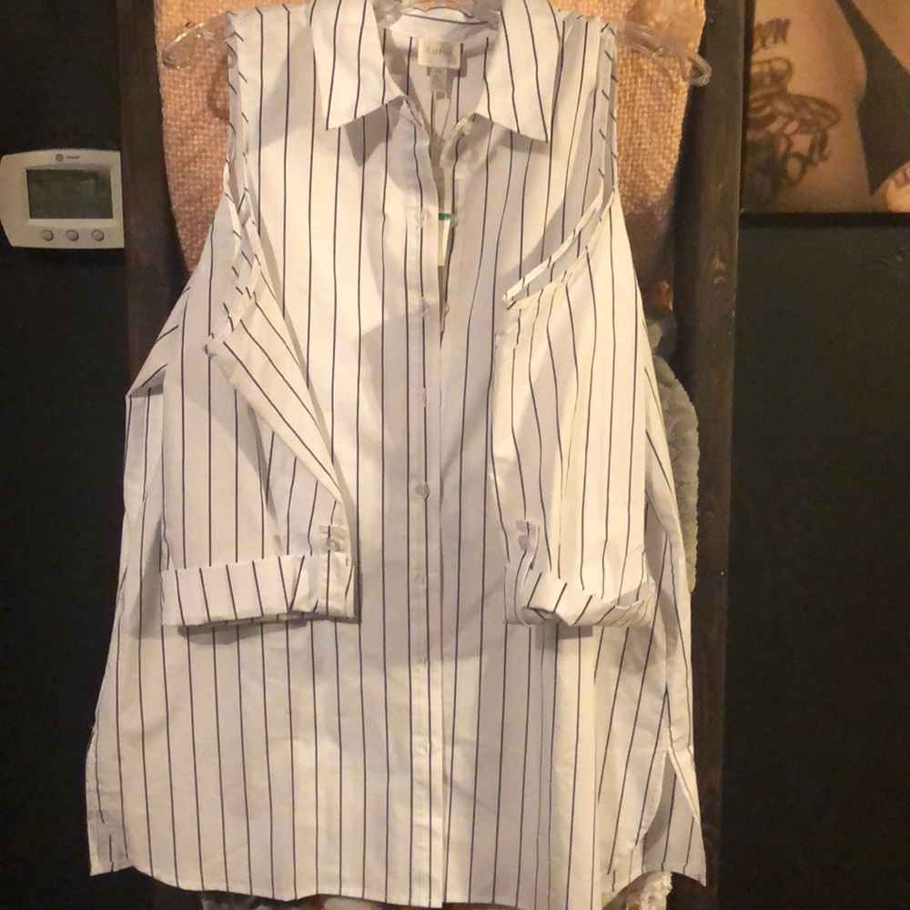 Cold shoulder pin stripe business casual button up